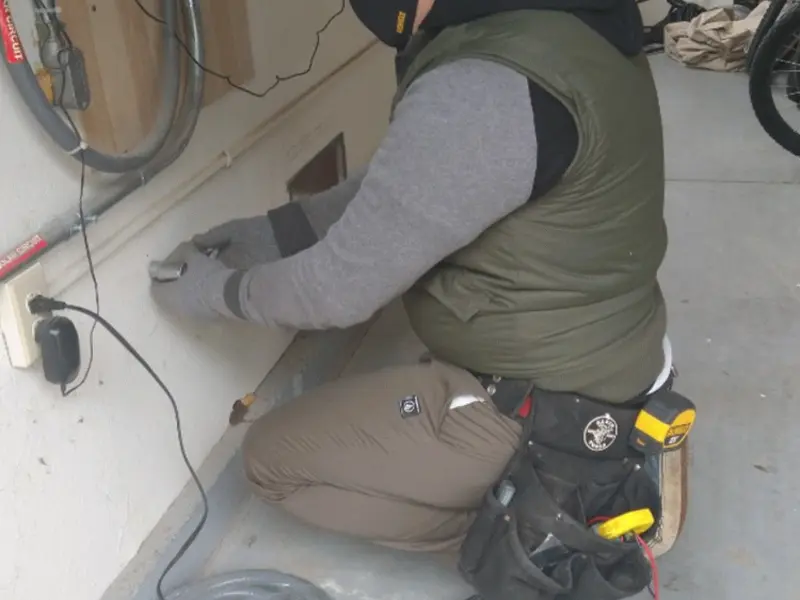 Electrician performing outlet wiring in a Edgemoor garage